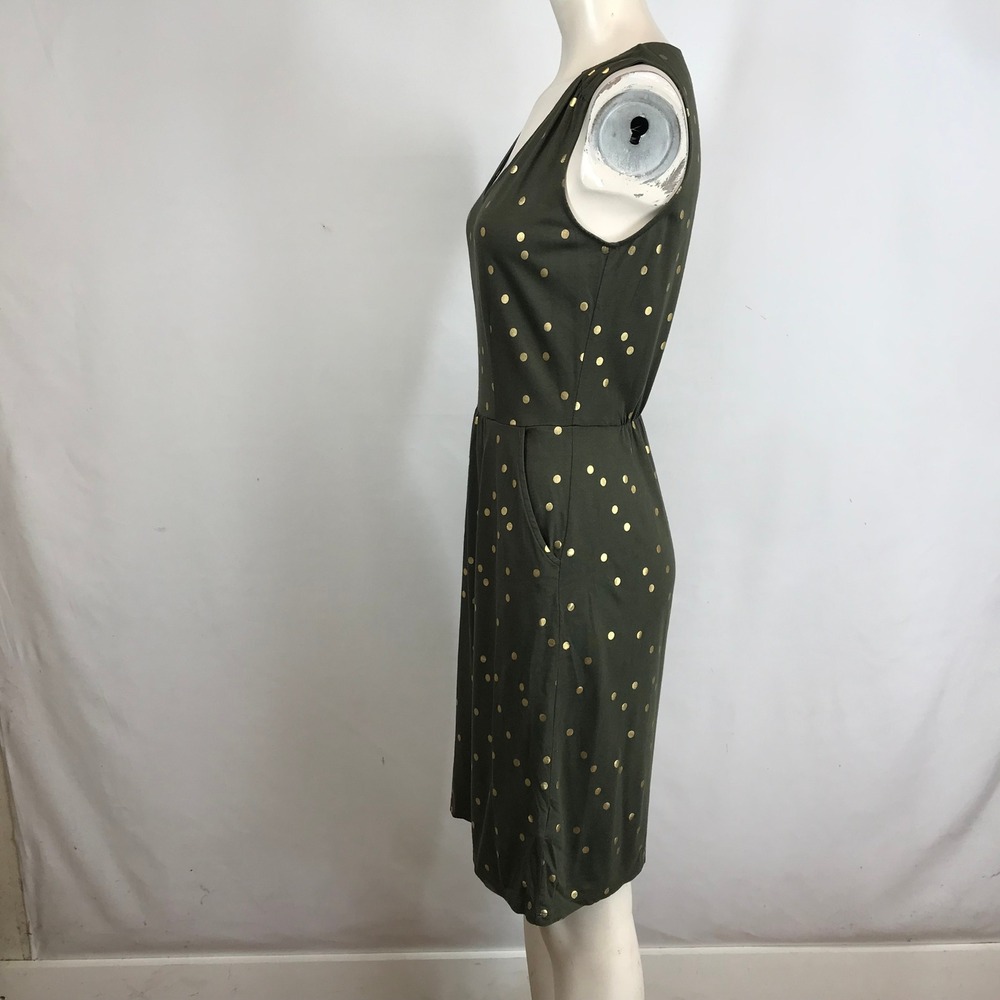 Boden Olive Green Gold Polka Dot Sleeveless V Neck Dress Size 4 - Picture 6 of 8